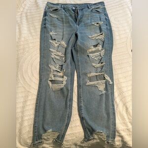 American Eagle super distressed light wash mom jeans